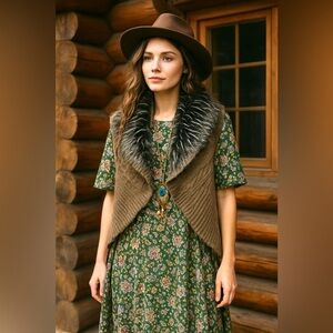 Alpaca vegan mink fur collar boho vest w cottage cabin longer cable knit vibe